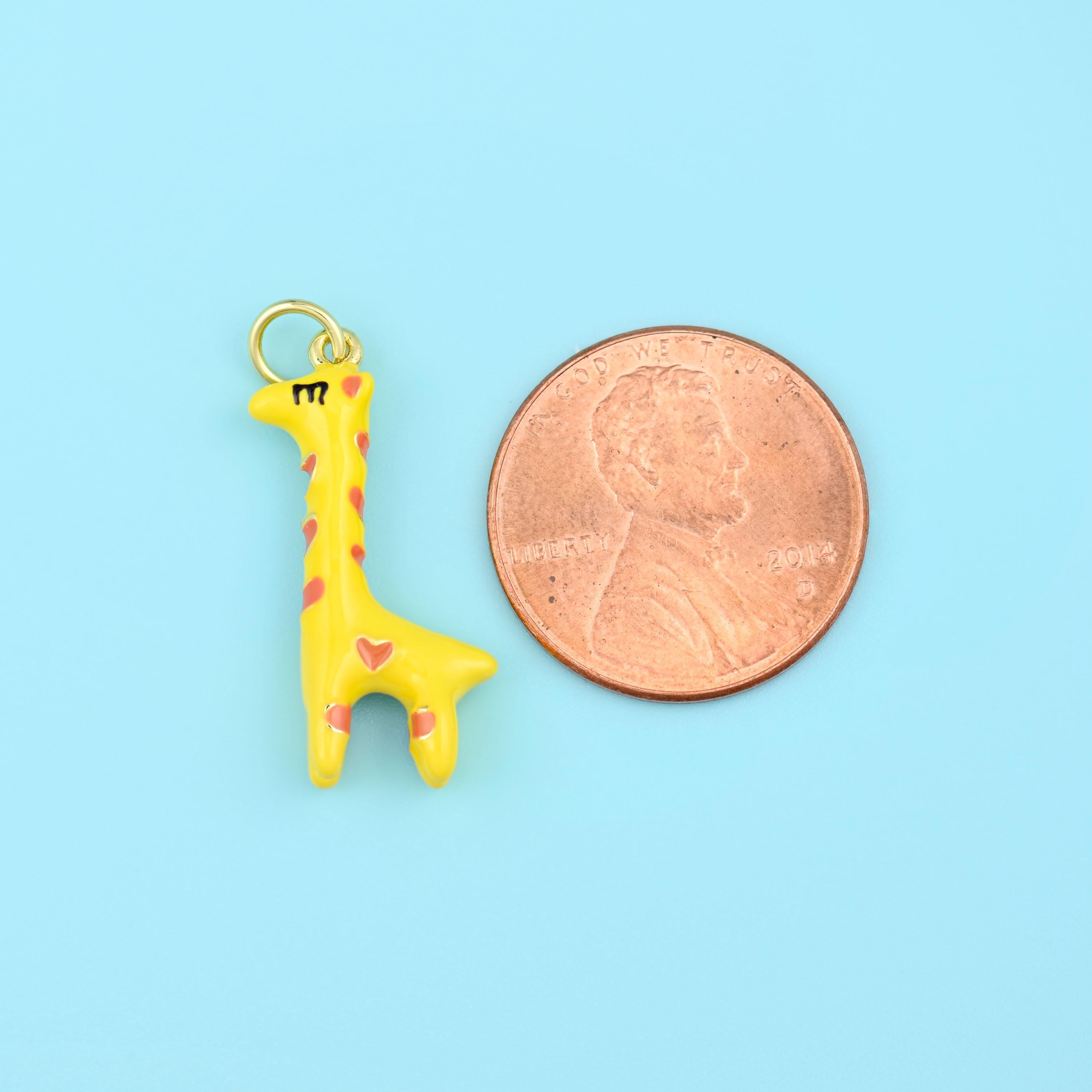 18K Gold Filled Yellow Giraffe Pendant 23x12mm in butter yellow with pink heart markings and black detailing