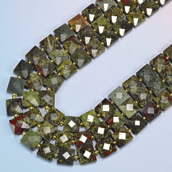 Natural dragon blood stone faceted flat square beads in several strands curved into a wide U, olive green stone with dark red patches