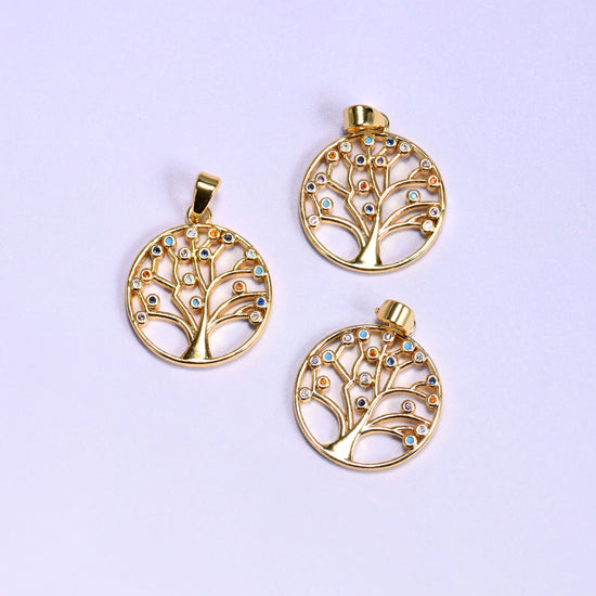 Round Tree of Life Multicolor Zircon Charms: DIY Pendants, Jewelry Making Supply