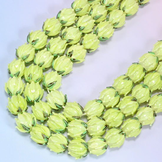 Lime green tulip flower bud lampwork glass beads, 11 inch strand