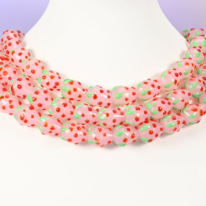 Strawberry glass beads, pink with red dots, approximately 15.5x12mm
