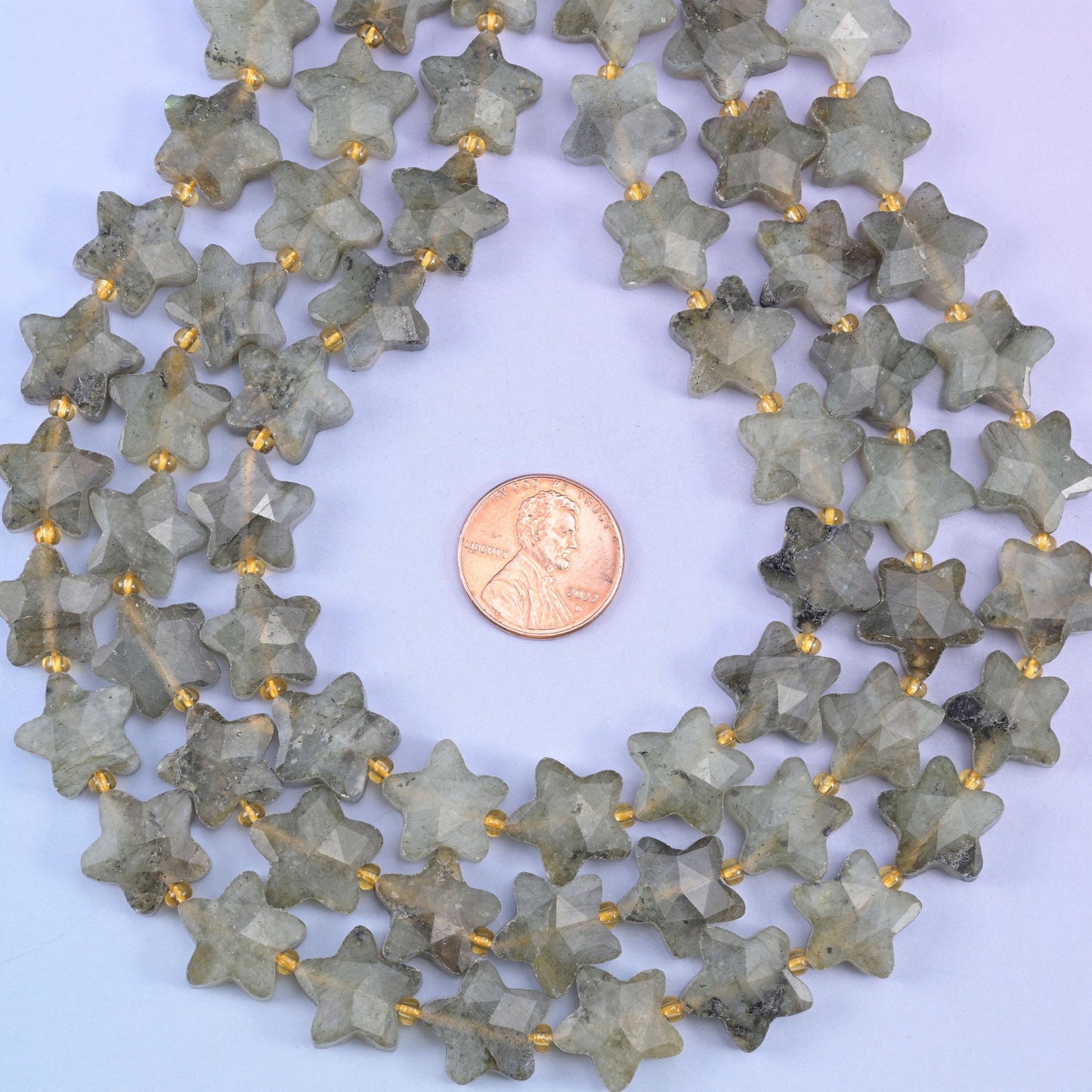 Gray labradorite star beads, natural stone, five-pointed stars in soft dove grey with green-olive undertones