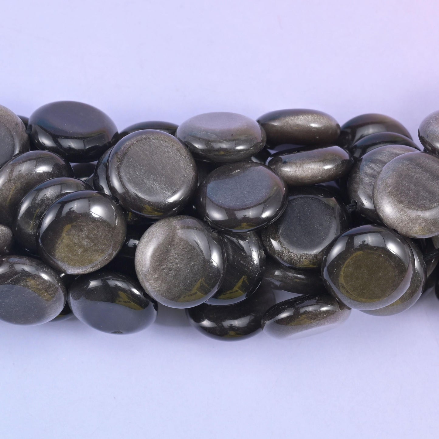 Coin cut Silver Obsidian beads with a high-gloss mirror polish