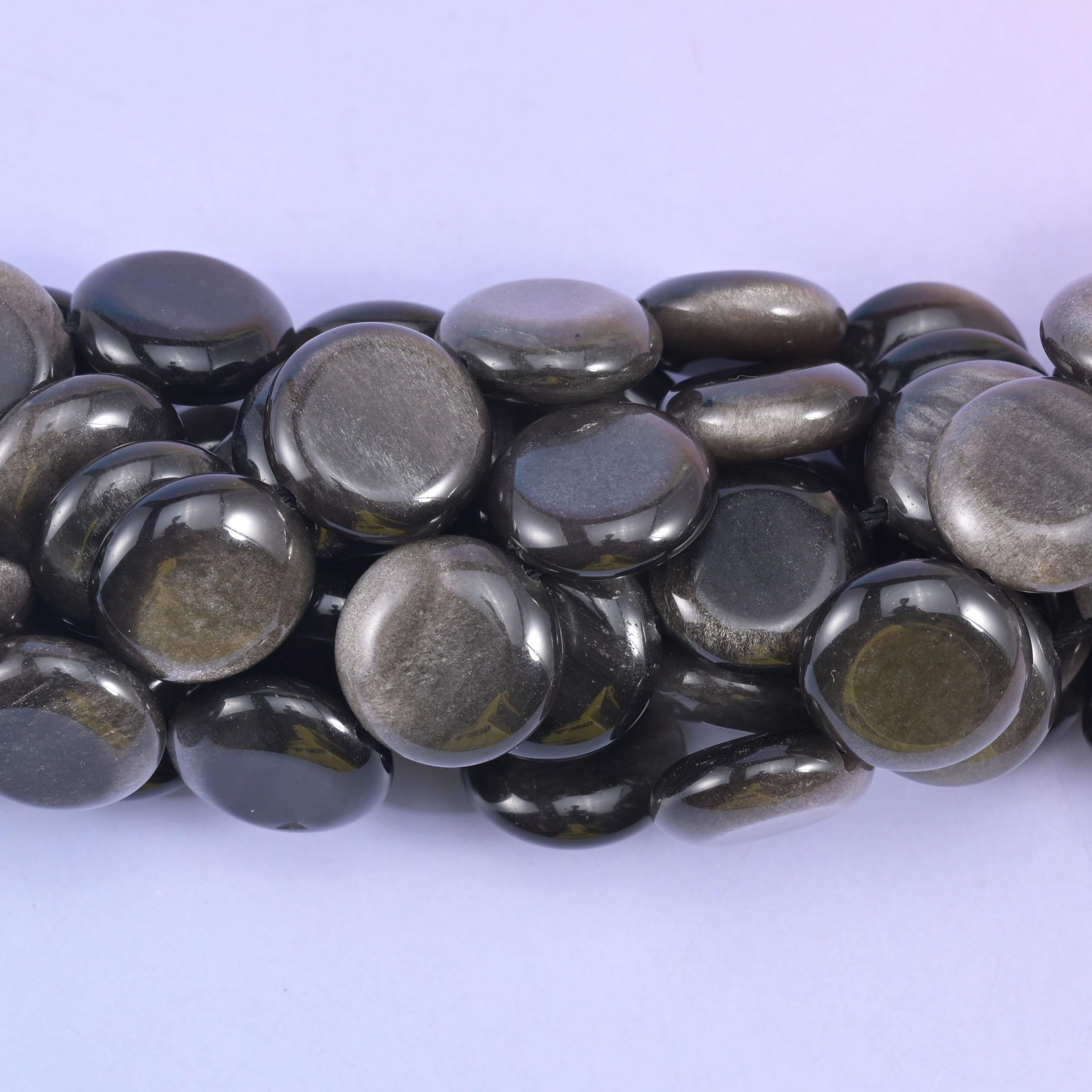 Coin cut Silver Obsidian beads with a high-gloss mirror polish