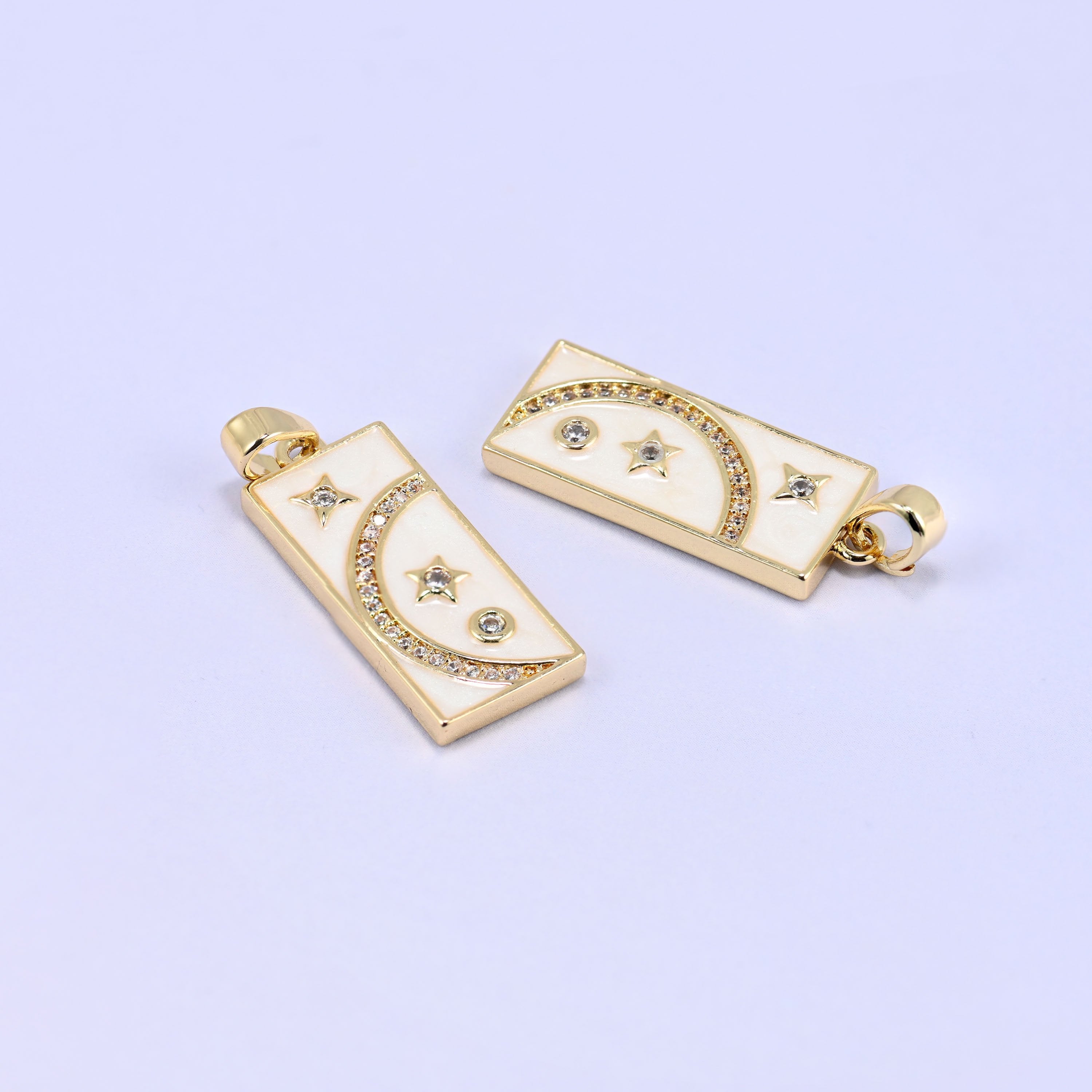 18K Gold Plated Brass Moon Star Rectangle Charm Pendant with white enamel and zircon accents