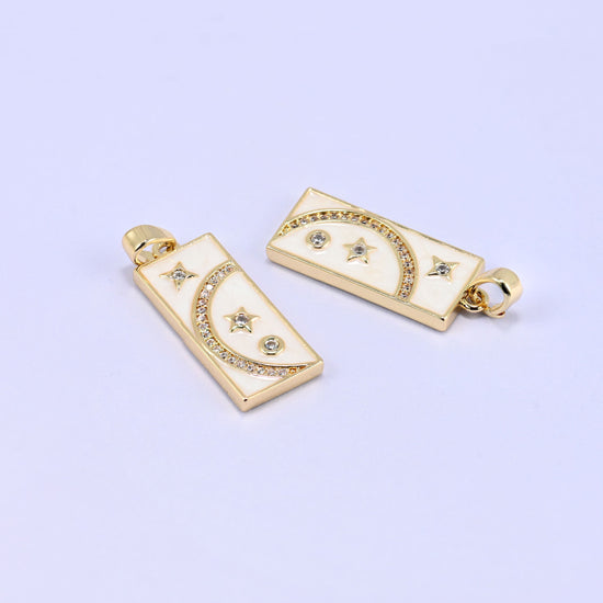 18K Gold Plated Brass Moon Star Rectangle Charm Pendant with white enamel and zircon accents