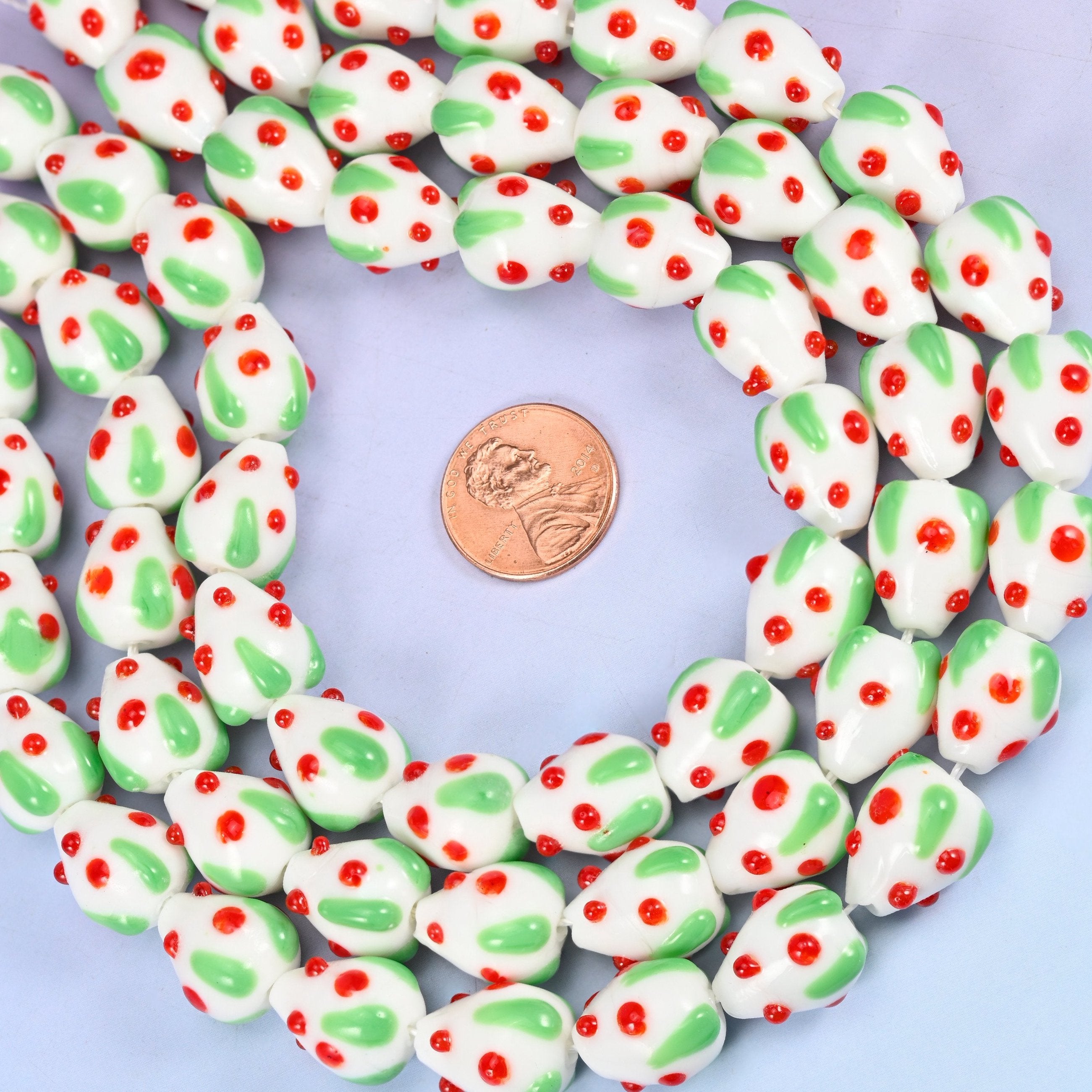 White Red Dots Strawberry Glass Beads, sold per 12 inch strand, 20 pieces