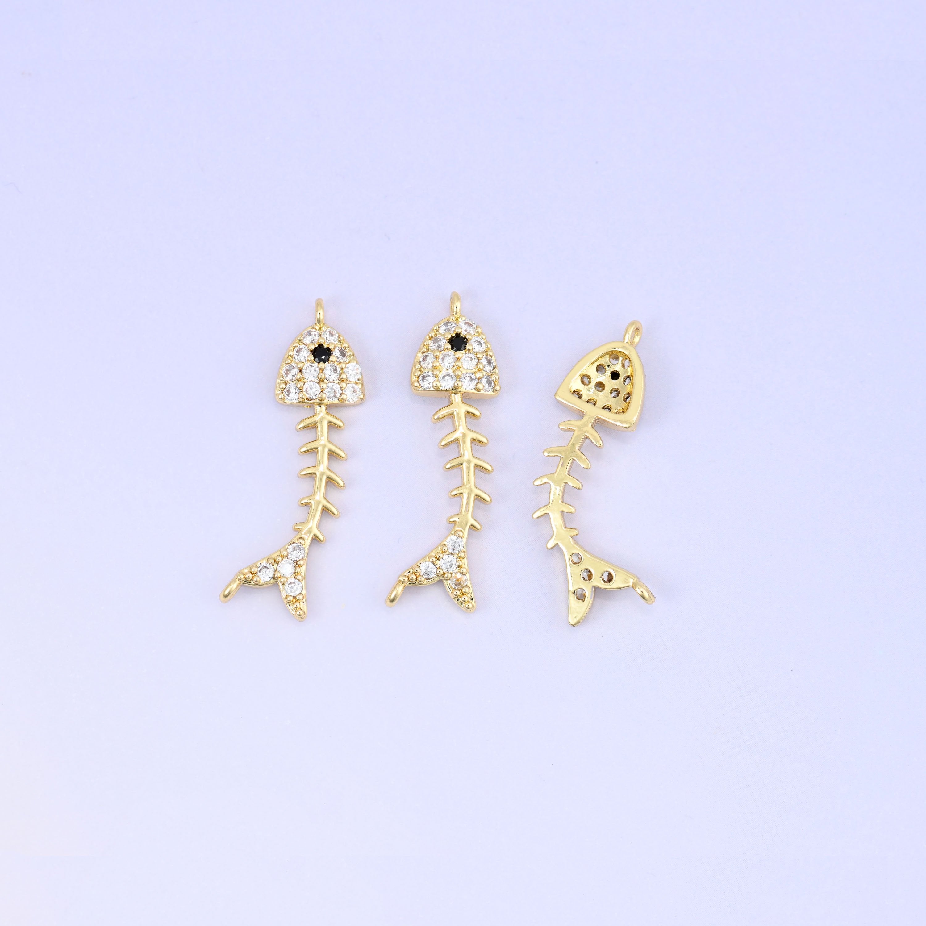 Fishbone Zircon Charms: 18K Gold Plated Pendants, Jewelry Making Supply
