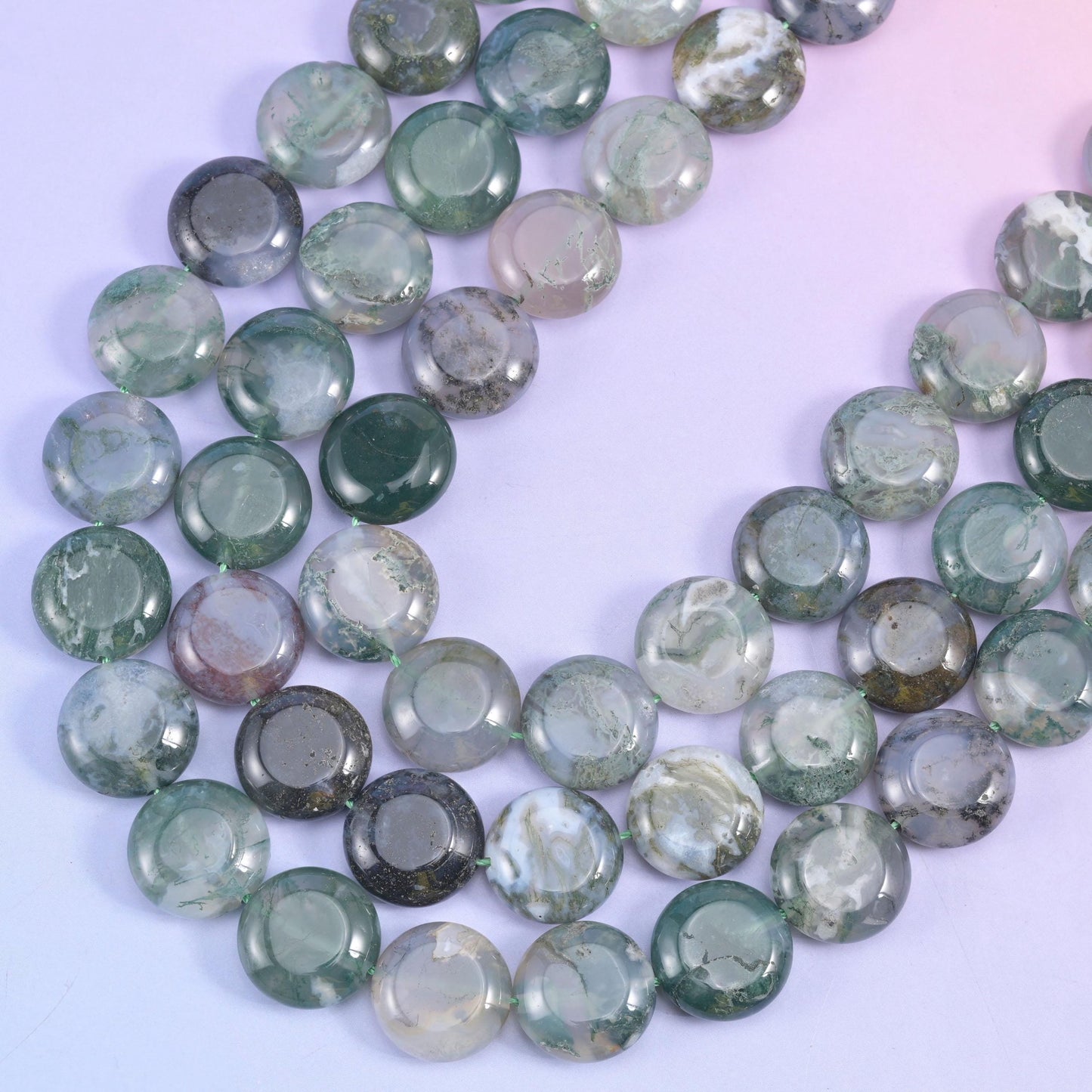 Moss Agate coin beads, 1.2mm centre-drilled hole