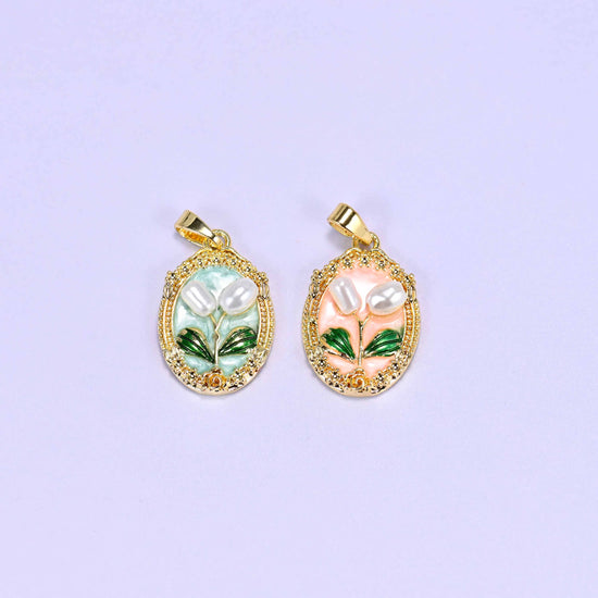 Enamel Oval Tulip Flower Pendants shown as both colours together, mint on the left and peach on the right, each with a small gold bail.