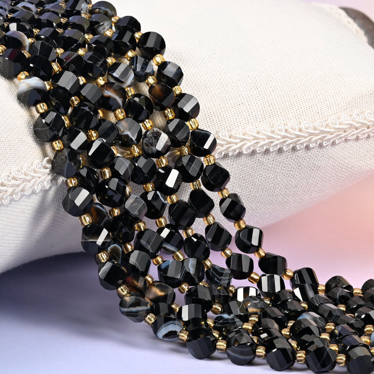 Dyed Black Strip Agate Faceted Spiral Twist Beads