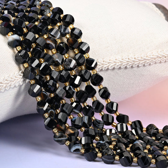 Dyed Black Strip Agate Faceted Spiral Twist Beads
