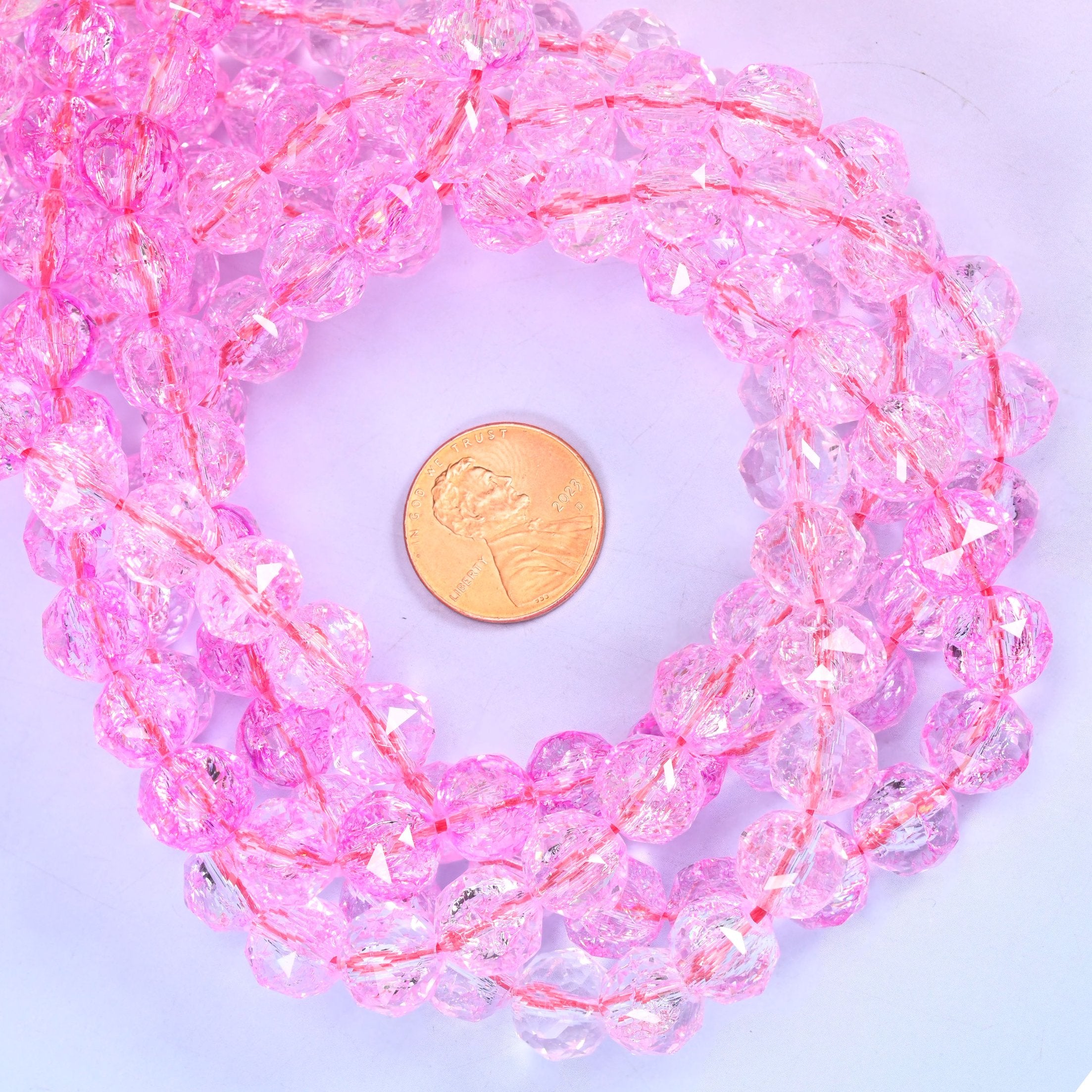 Transparent Pink Faceted Round Glass Beads: Size 10mm, Jewelry Making Supply
