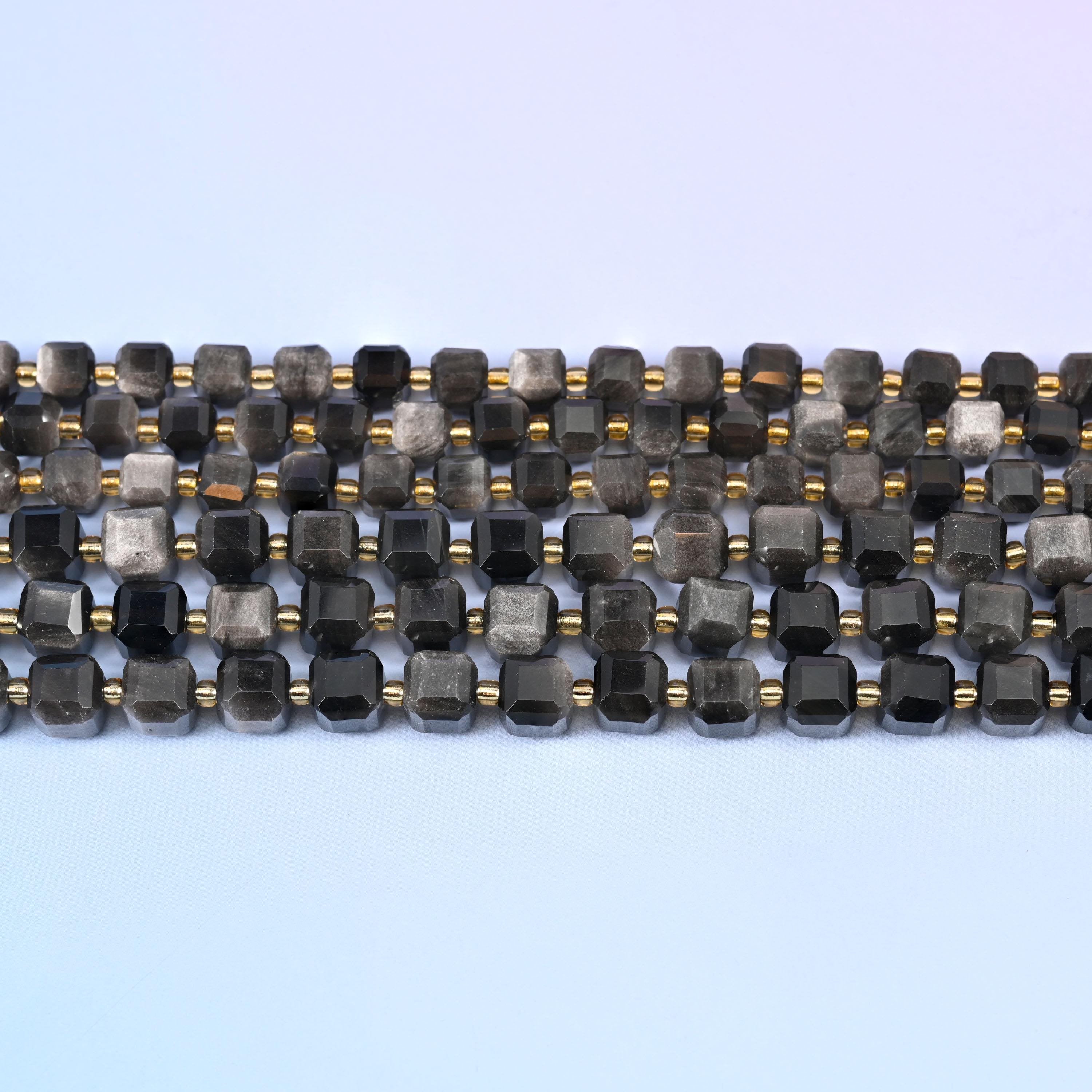 Silver Obsidian Faceted Cube Beads in charcoal to black with silver sheen