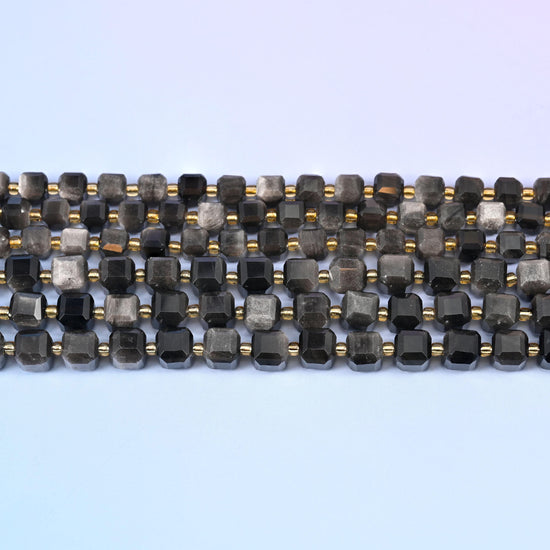 Silver Obsidian Faceted Cube Beads in charcoal to black with silver sheen