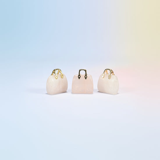 Three rose quartz purse crystal carvings, 1 inch, light pink natural stone, gold-tone handle