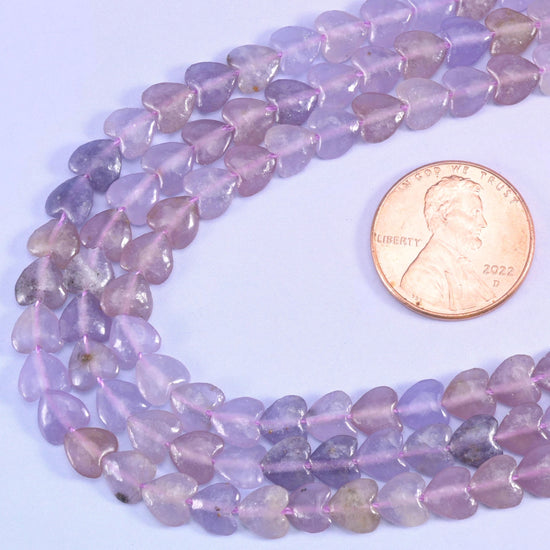 Purple lepidolite heart beads, 15 inch strand