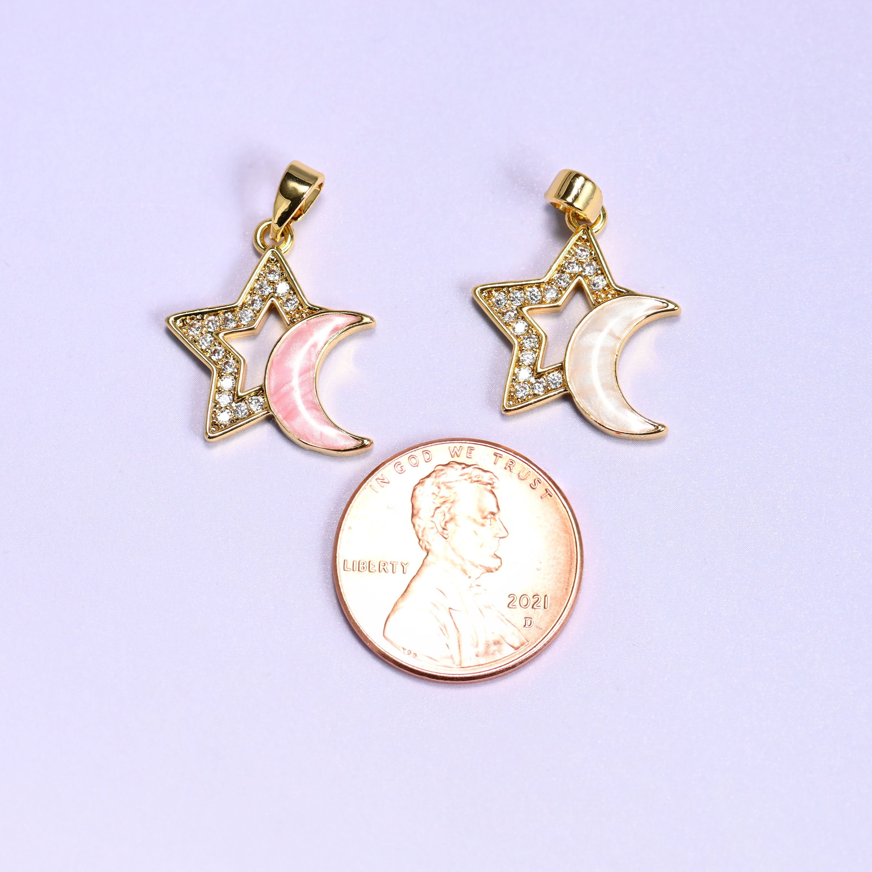 Star Shell Moon Zircon Charms with a clear zircon pave star