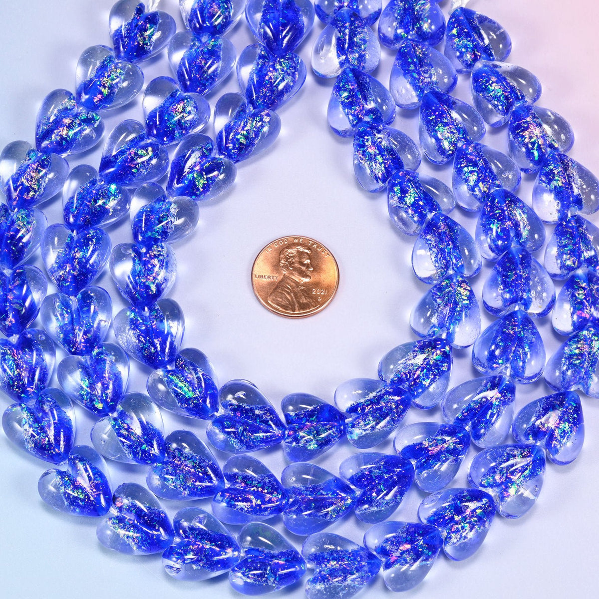 Iridescent Dark Blue Heart Glass Beads, drill hole approximately 1.5mm