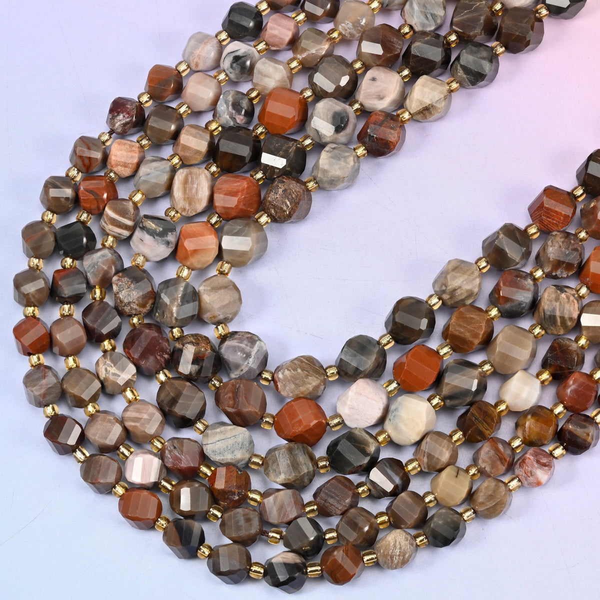 Petrified Wood faceted spiral twist beads, 15 inch strand