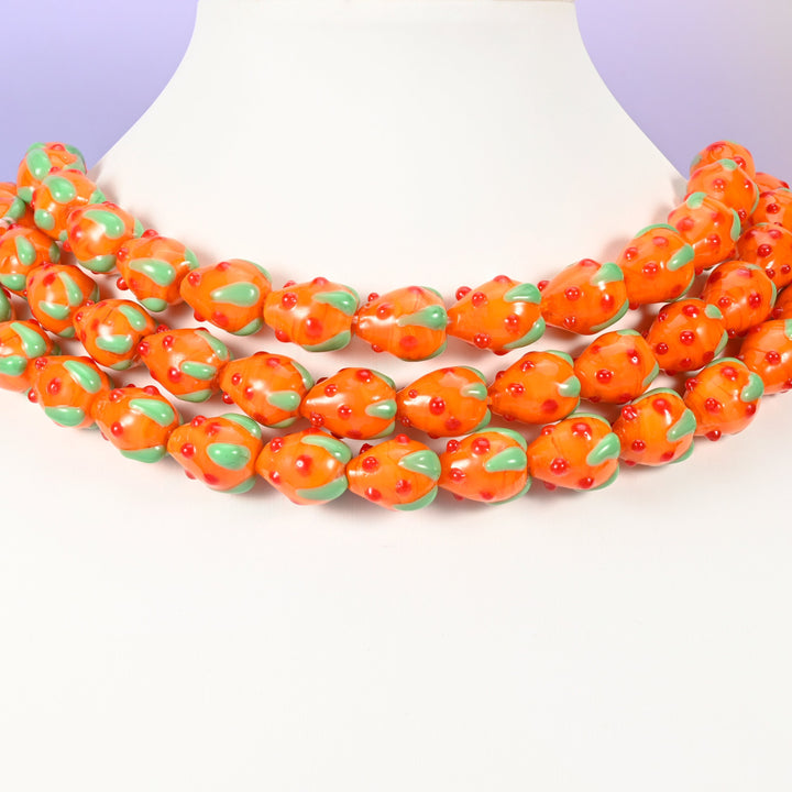 Strawberry glass beads, orange with red dots, 15.5x12mm