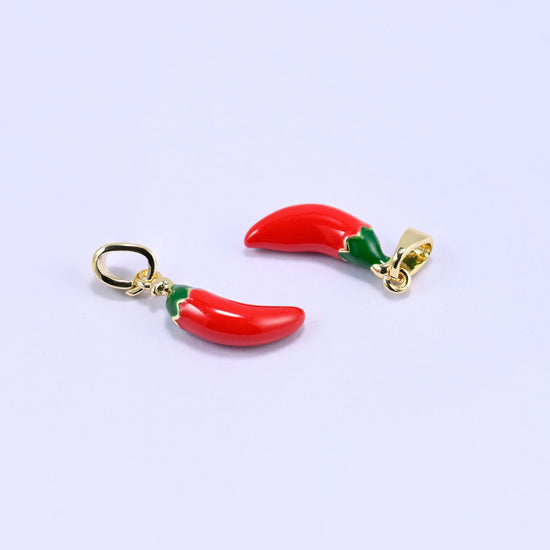 Brass chili pepper charm with vibrant red and green enamel