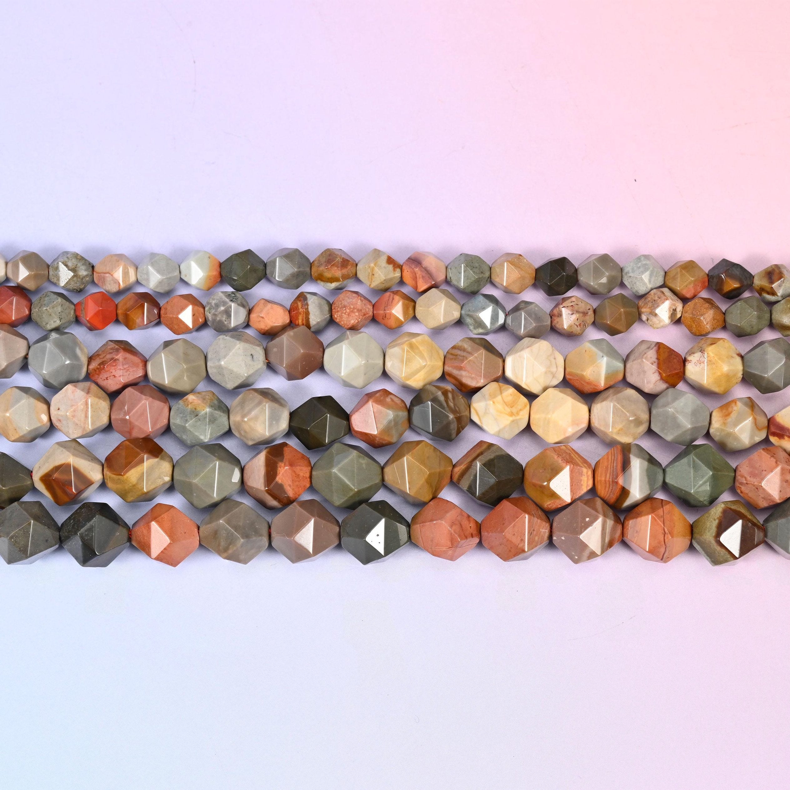 American Picture Jasper Faceted Diamond Star Cut Beads 6mm 8mm 10mm in tan, rust, grey and cream