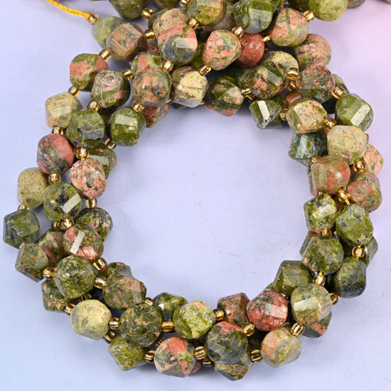 Unakite gemstone beads, 10mm faceted spiral twist, green and pink