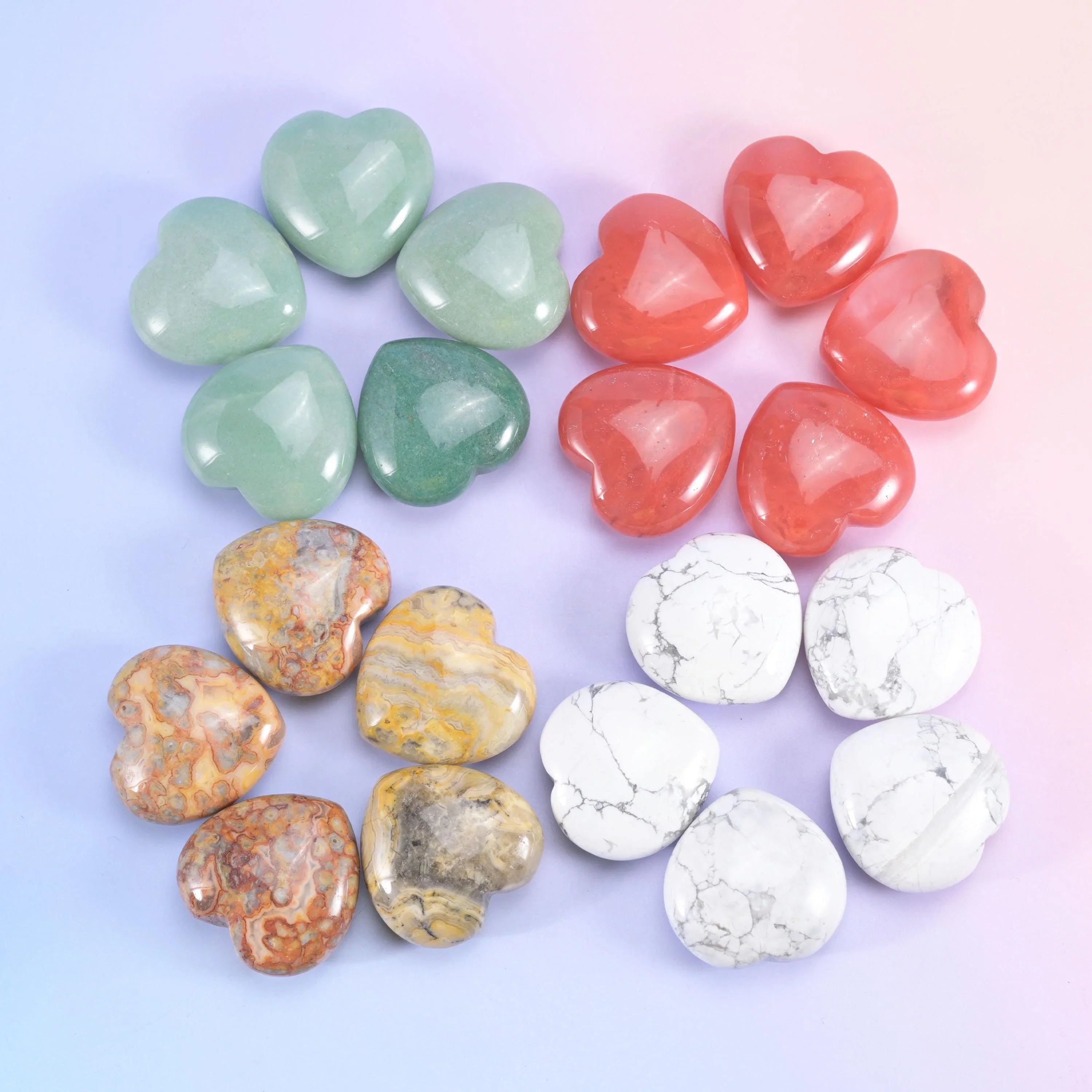 Hearts arranged in four clusters, pale green aventurine, red jasper, mottled tan jasper and white howlite