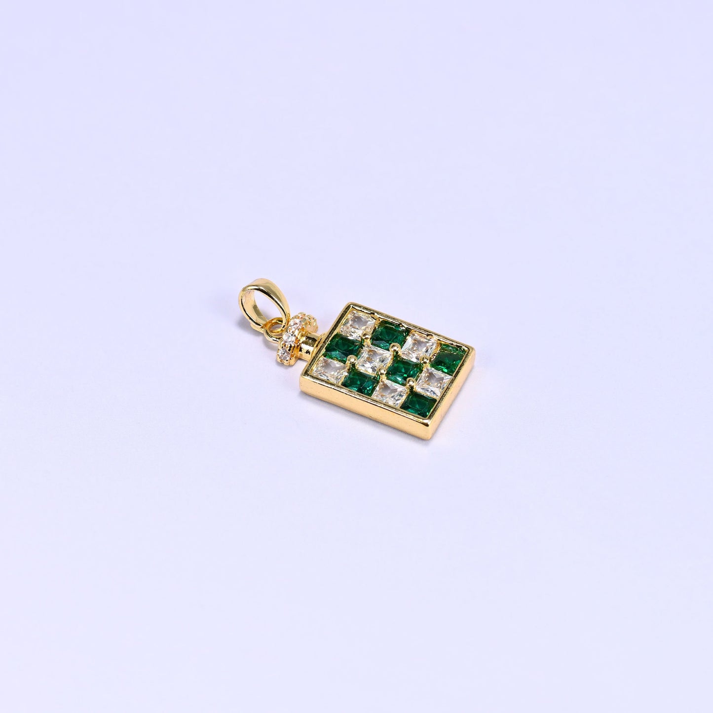 18K Gold Plated Brass Perfume Bottle Charm Pendant featuring a checkerboard pattern of pave zircon squares in a rectangular bottle silhouette