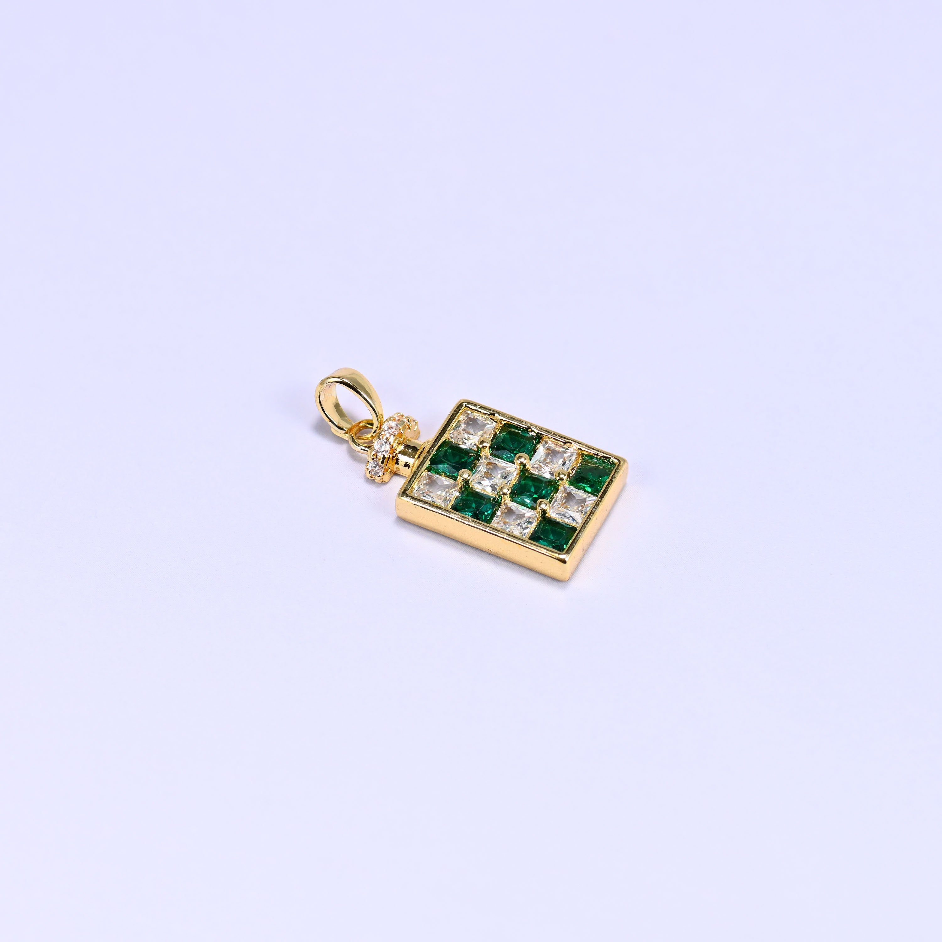 18K Gold Plated Brass Perfume Bottle Charm Pendant featuring a checkerboard pattern of pave zircon squares in a rectangular bottle silhouette