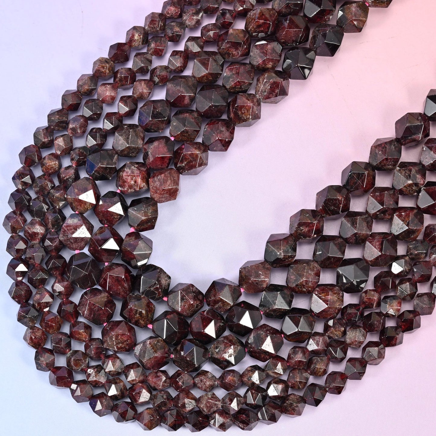 Red Garnet Faceted Diamond Star Cut Beads, 15.5 inch strand