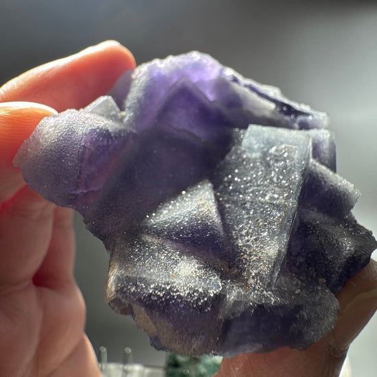 The 2.8 oz cluster held up close, quartz crystals sparkling across the purple cube faces