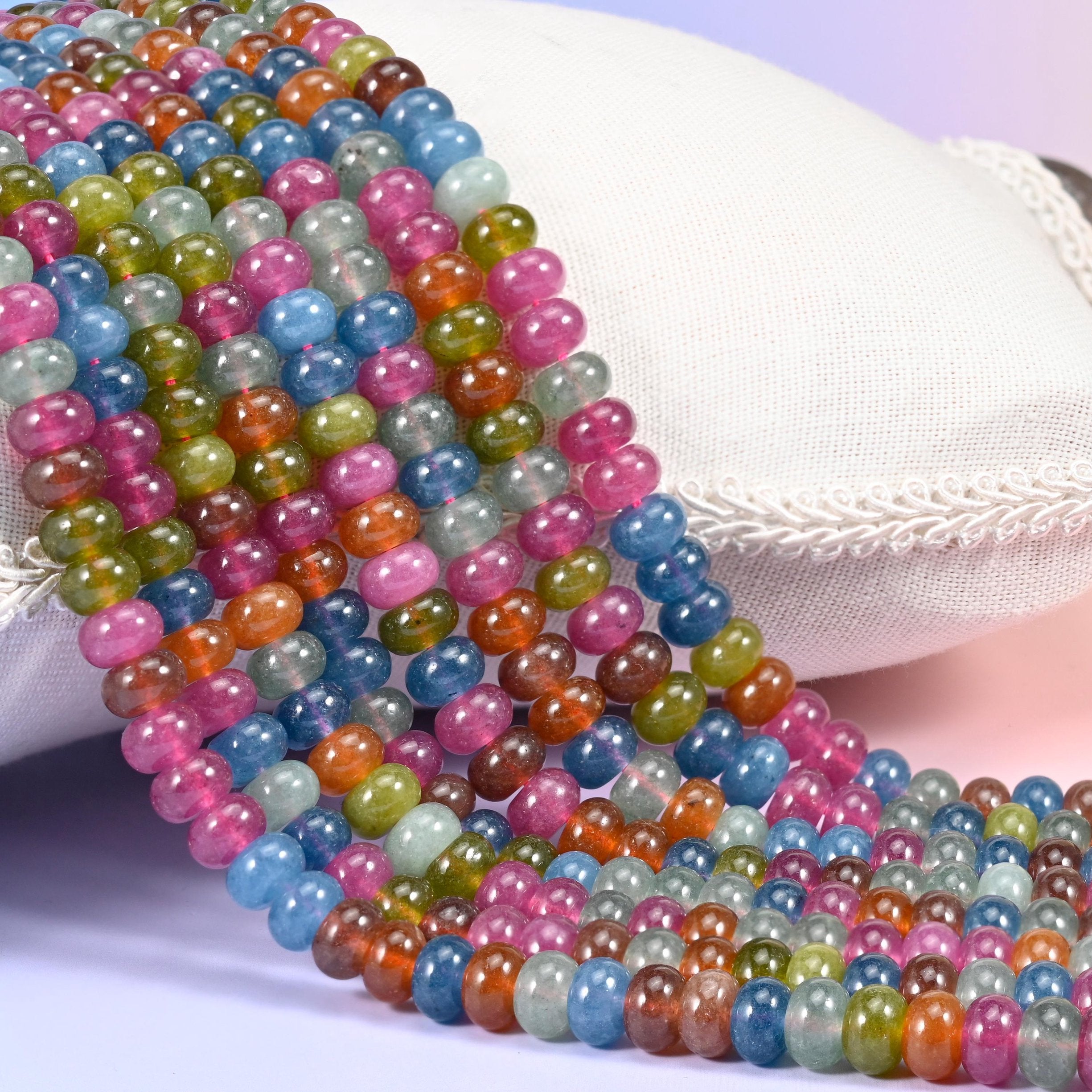 Multi-Color Dyed Jade Smooth Rondelle Beads, a mix of blue, green and pink
