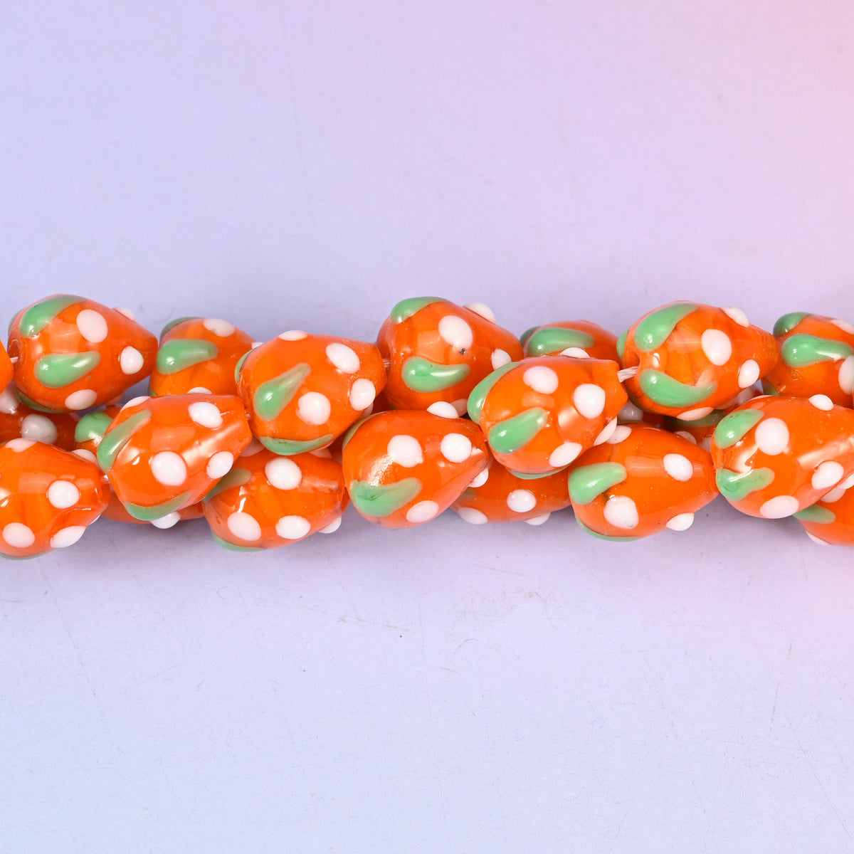 Orange White Dots Strawberry Glass Beads, sold per 12 inch strand, 20 pieces