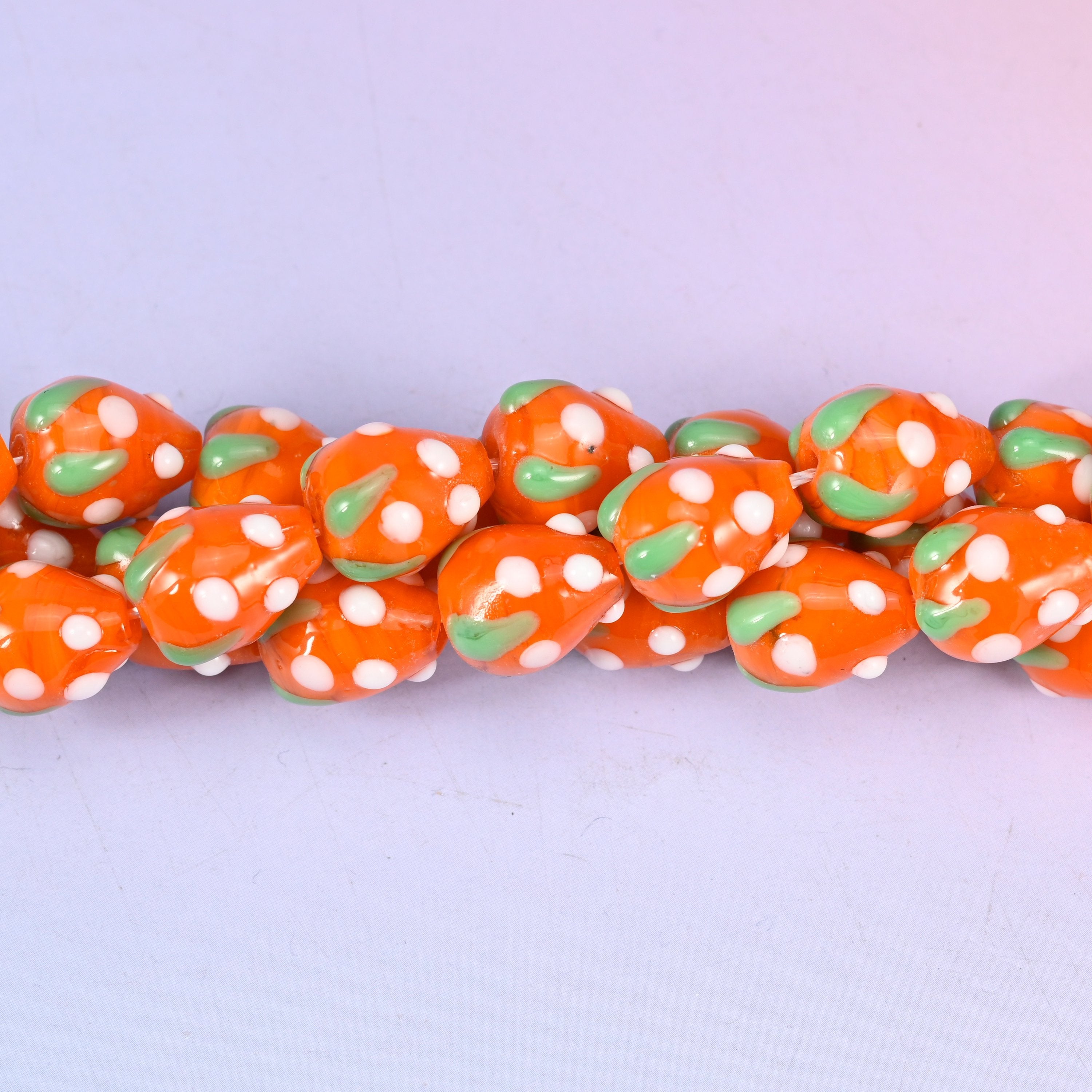 Orange White Dots Strawberry Glass Beads, sold per 12 inch strand, 20 pieces