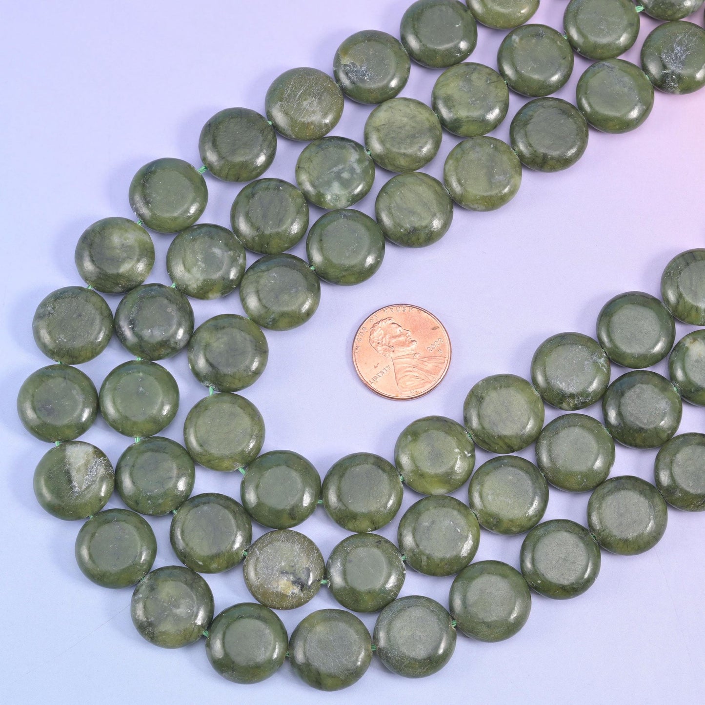 South Green Jade smooth coin beads, 15 inch strand