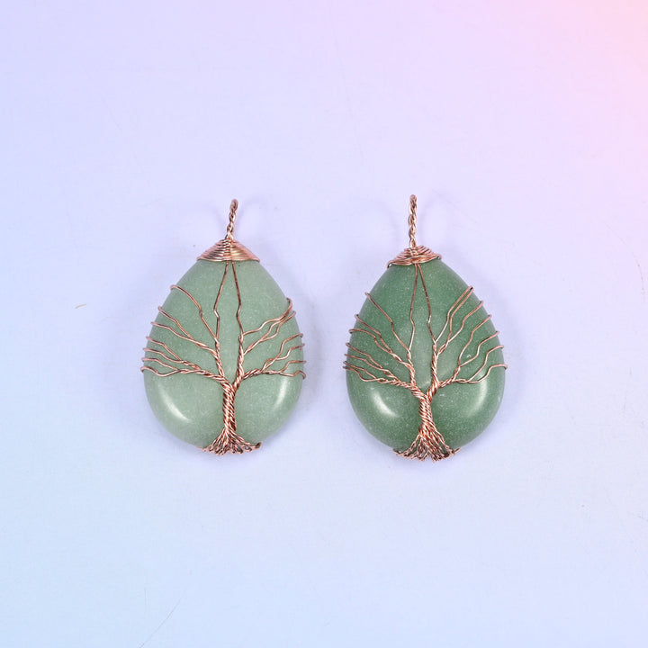 Green aventurine Teardrop Crystal Pendant with Copper Wired Tree, a matched pair with the wire trunk gathered into a twisted bail at the top.