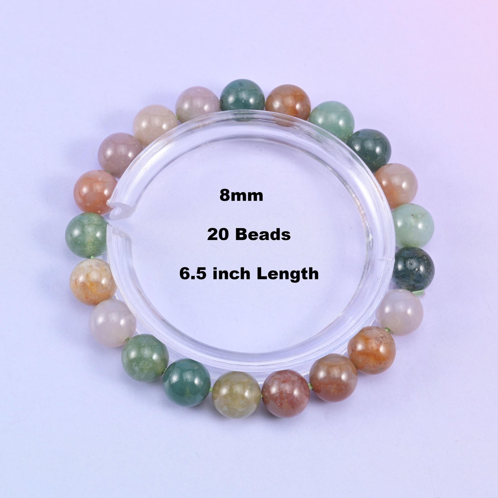 Indian agate smooth round bead bracelet, natural stone, 20 beads per bracelet