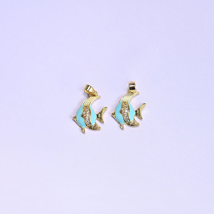 Two turquoise Enamel Tropical Fish Zirconia Charms side by side, gold plated fish with turquoise enamel bodies and sparkling zirconia stripes.