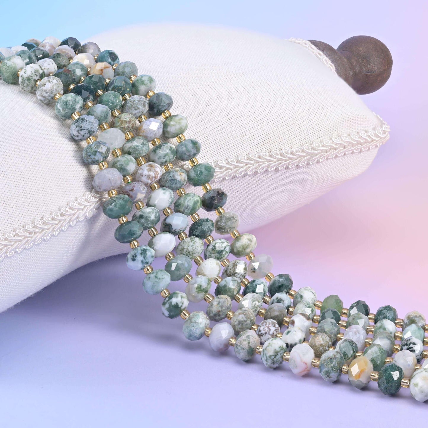 Moss Tree Agate Faceted Rondelle Beads
