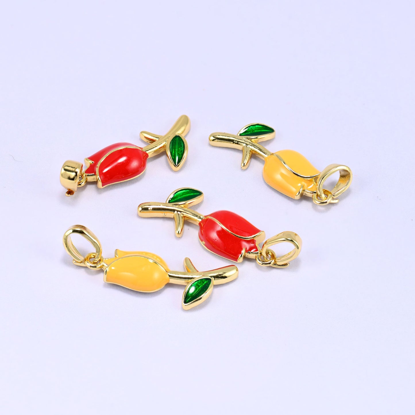 Enamel tulip charms in red and yellow, 18K gold plated flower pendants with green enamel leaf and gold-tone stem