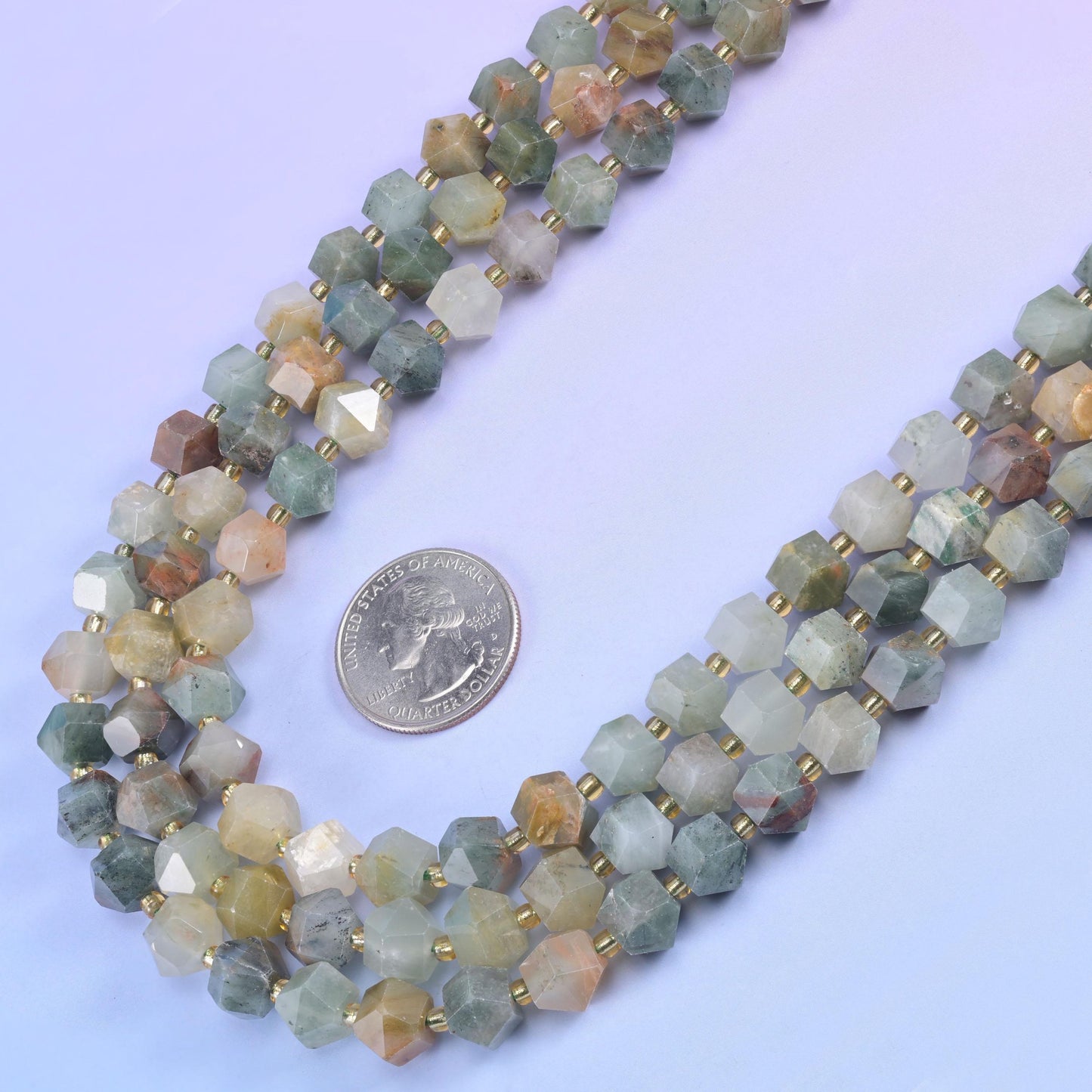 Green Grass Silk faceted rhombus beads, 15.5 inch strand