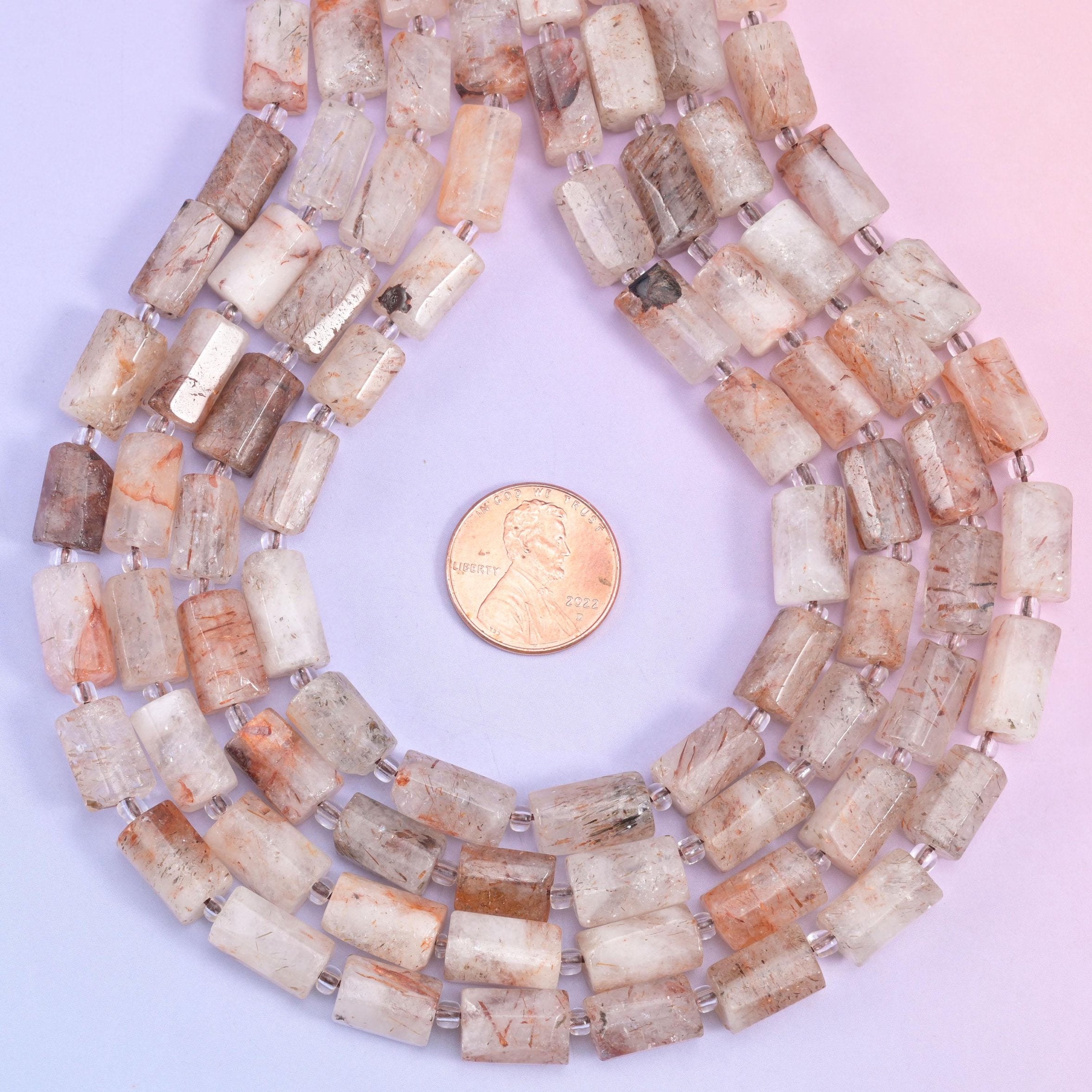 Natural Red Copper Rutilated Quartz faceted tube beads for necklaces and bracelets