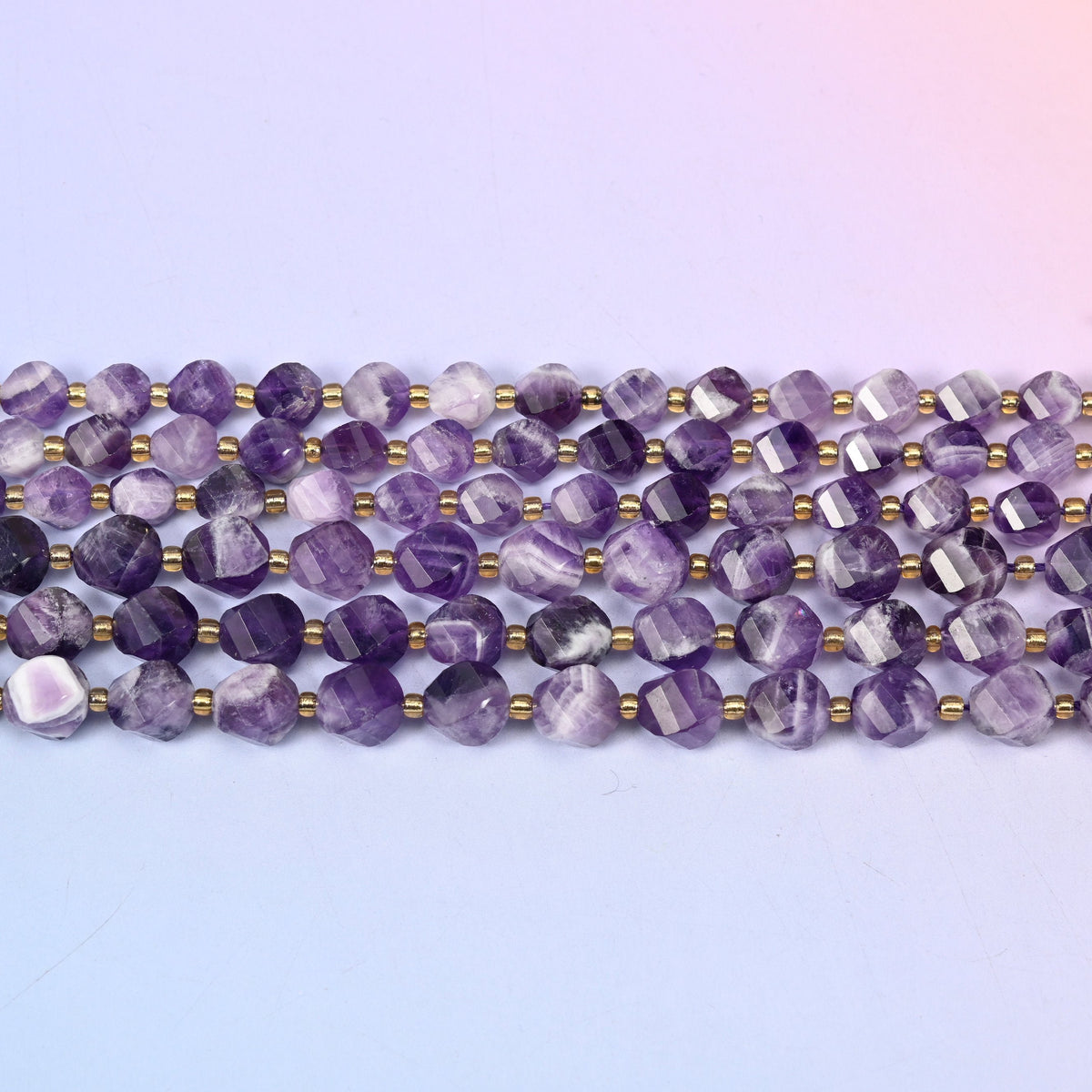 Chevron Amethyst Faceted Spiral Twist Beads 8mm 10mm in purple with white banding