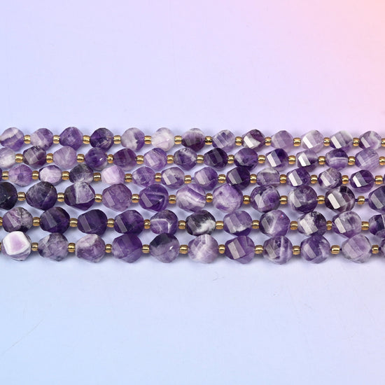 Chevron Amethyst Faceted Spiral Twist Beads 8mm 10mm in purple with white banding