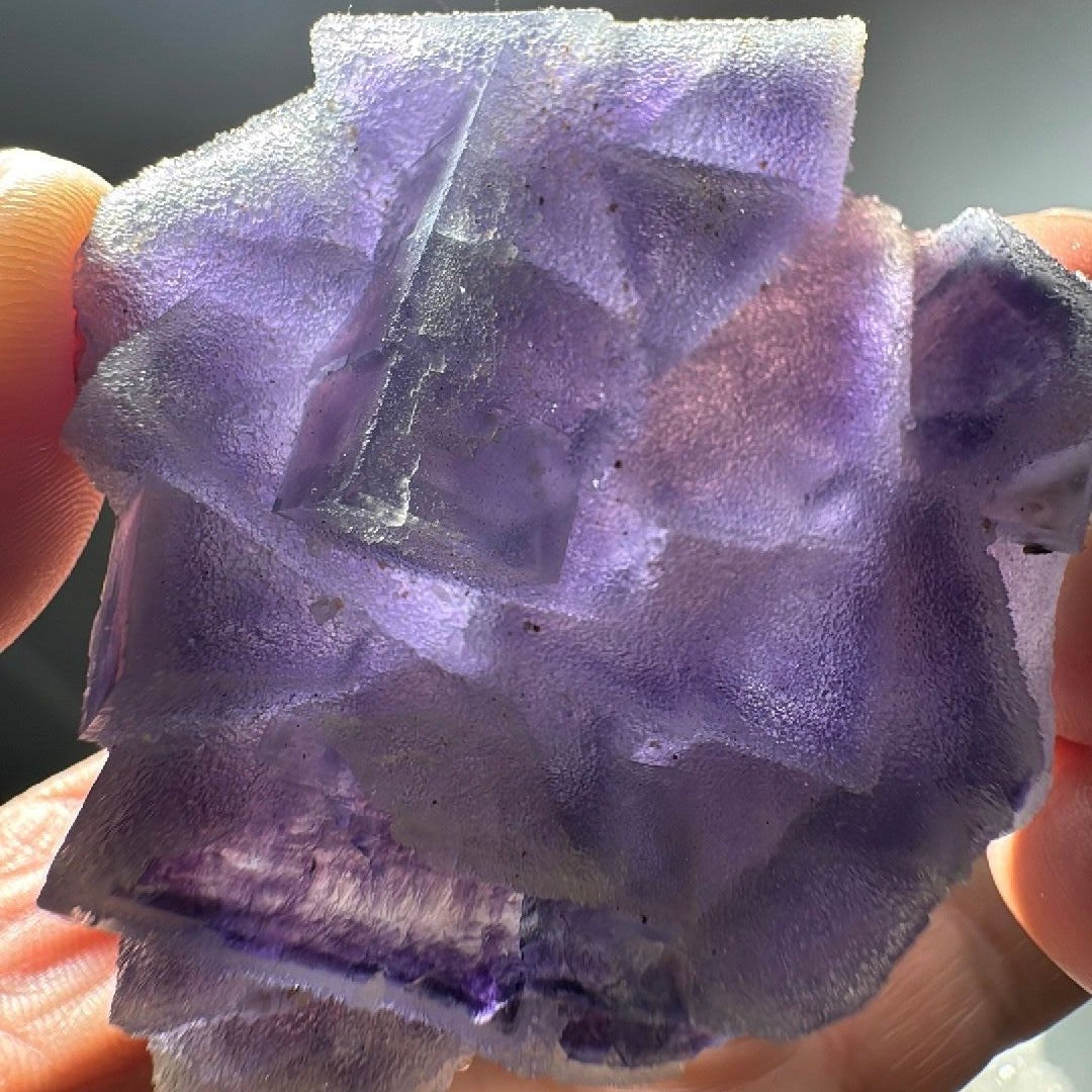 Backlit view where light glows through the lavender fluorite behind the white coating