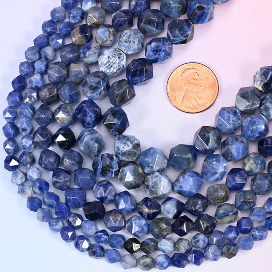 Faceted diamond star cut round cut blue sodalite beads