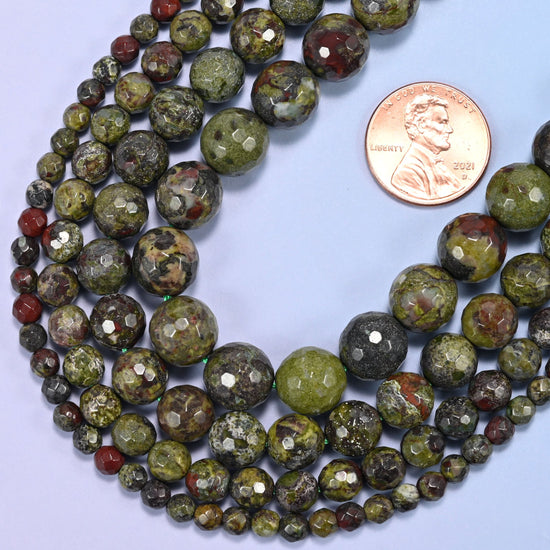 Dragon Bloodstone Faceted Round Beads: Jewelry Making, 15 Inch Strand