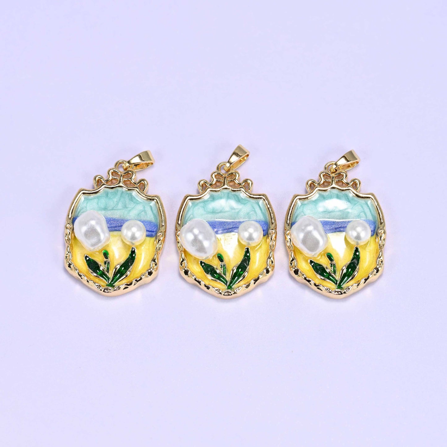 Tulip charm with a teal and yellow enamel garden scene